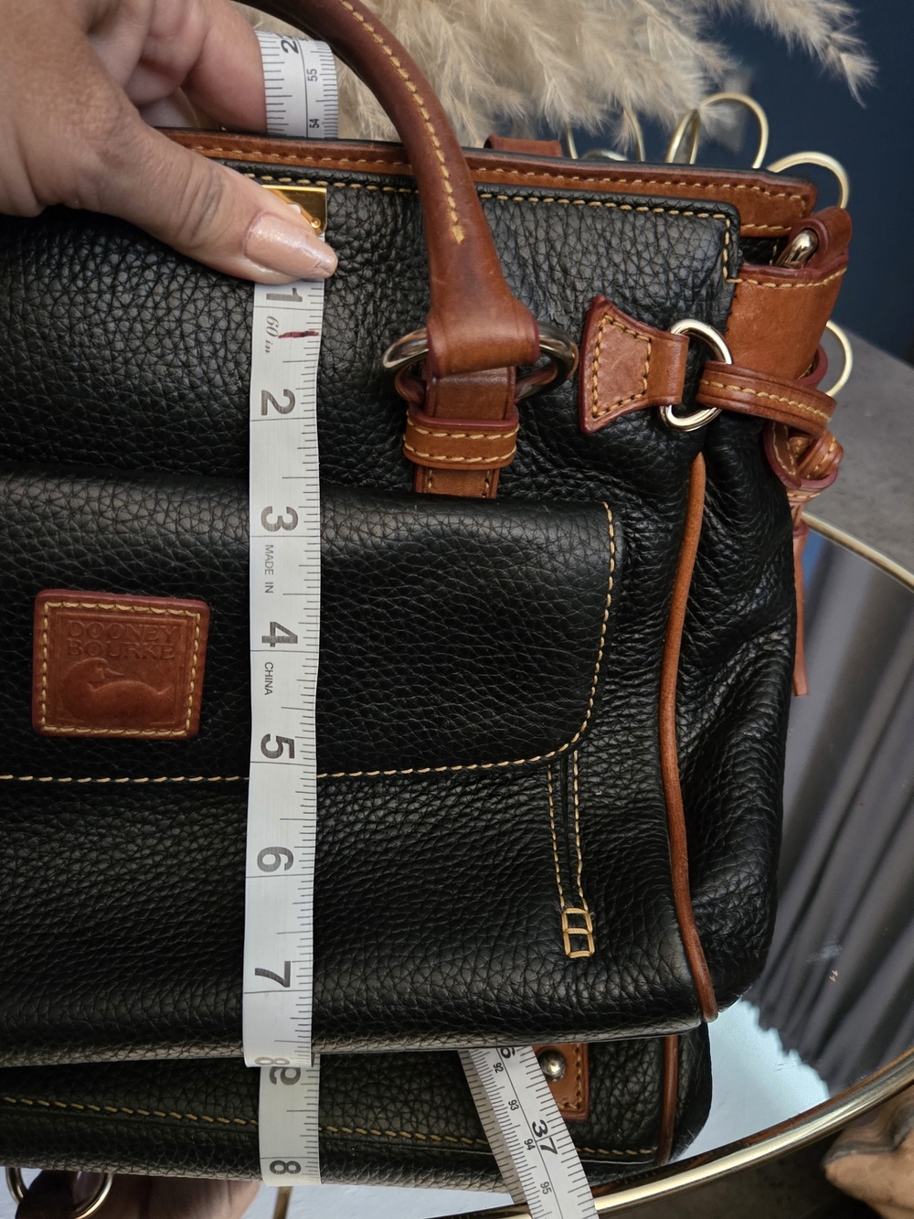 Dooney & Bourke Black Pebble Leather Satchel Crossbody British Tan Trim Tassels - Picture 16 of 17